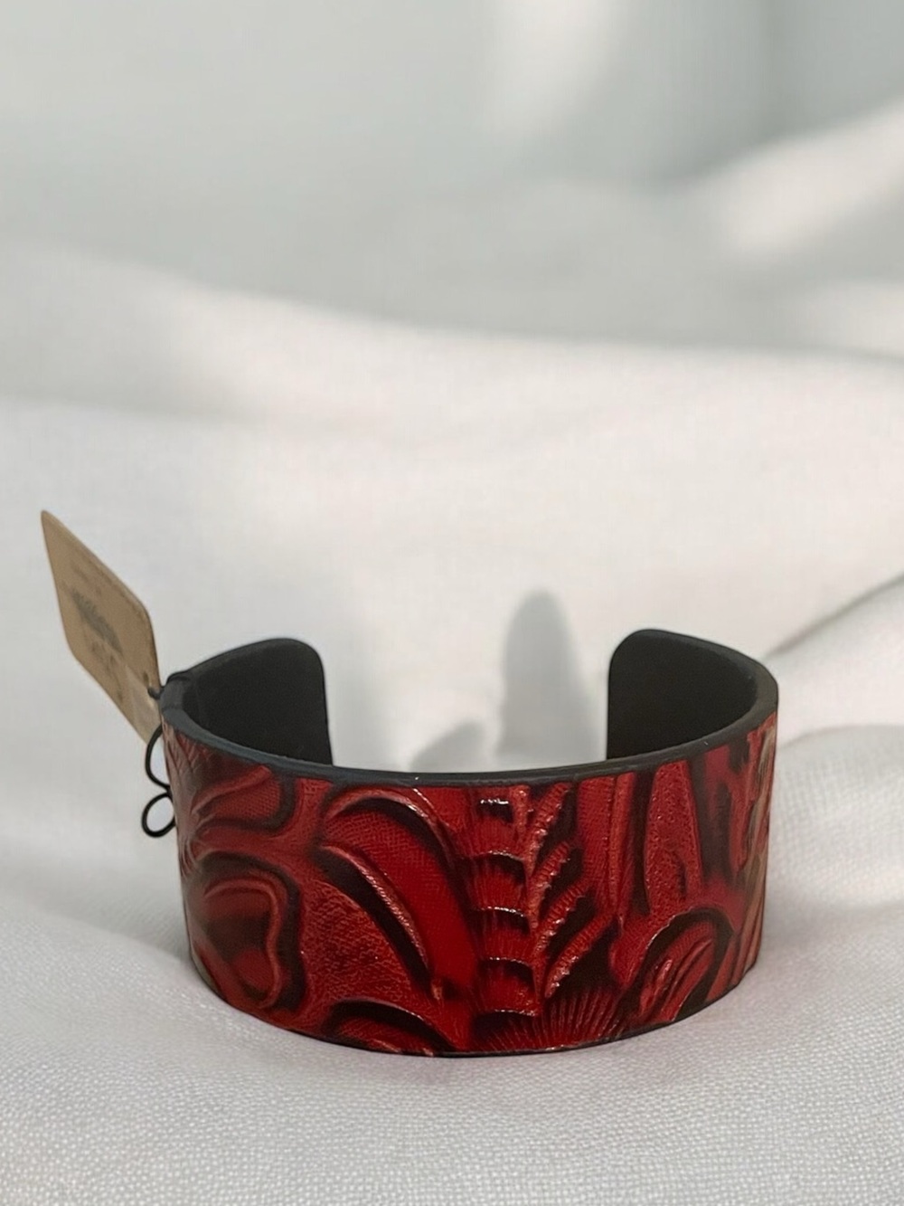 NWT Story By Davinci Western Red Leather Cuff Bracelet | Floral pattern